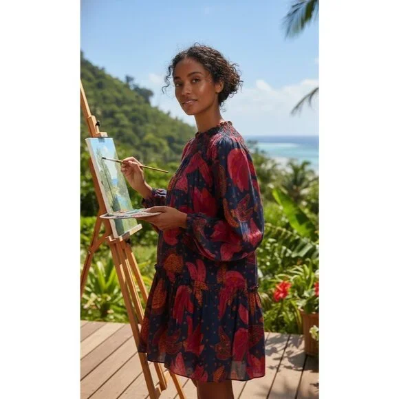 NWT FARM Rio Patchwork Bananas Mini in Navy Cotton Babydoll Dress S $195